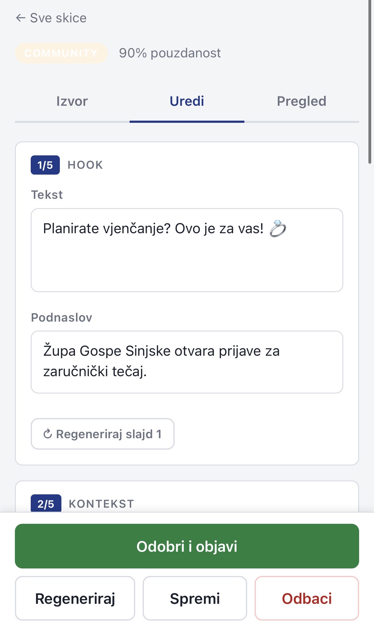 Kartica Uredi s editabilnim poljima za svaki slajd